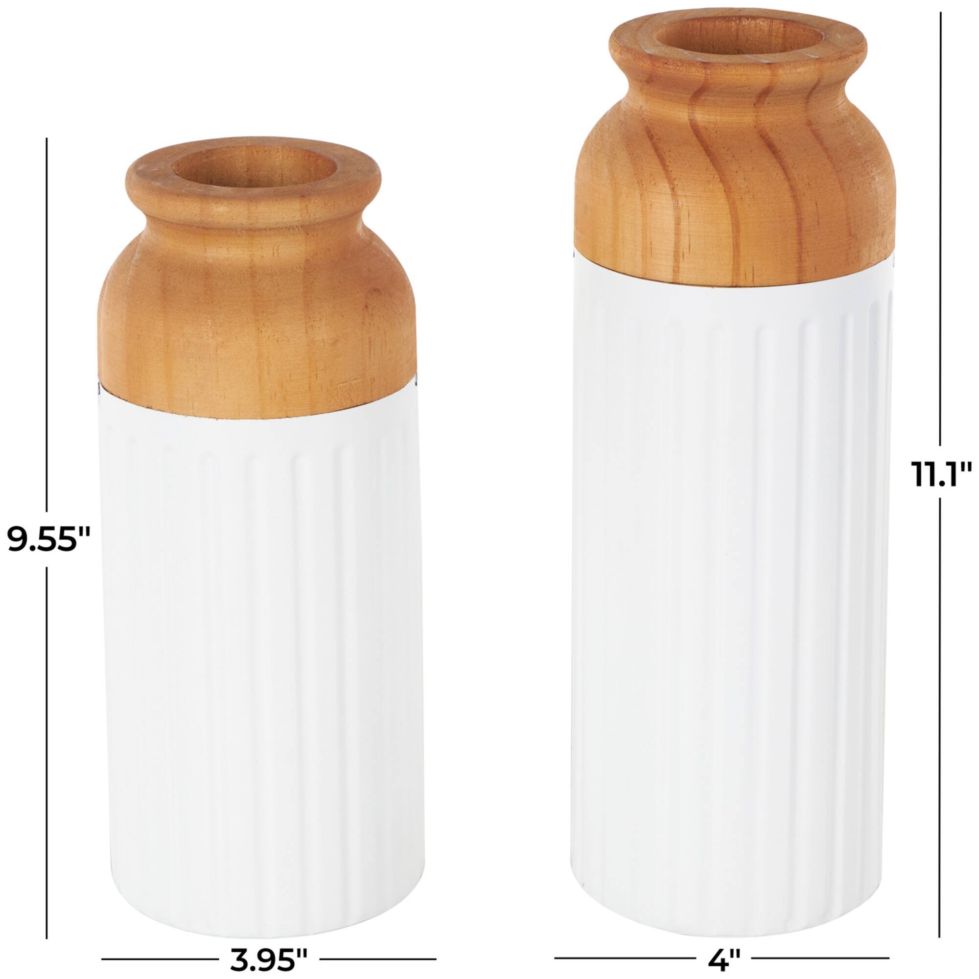White & Brown Grooved Texture Metal & Wood Vase Set